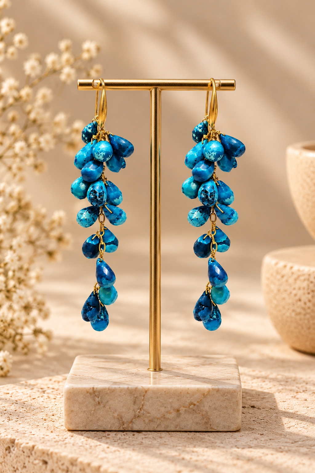 Handmade Chrysocolla statement drop earrings with cascading turquoise and deep blue stones and gold-toned brass detailing by ELKAI.